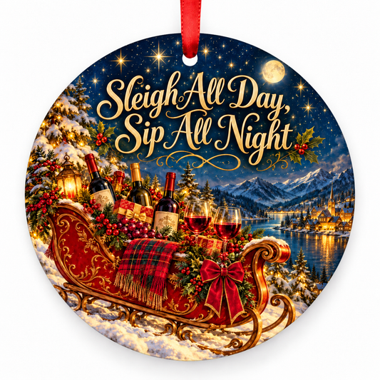 Sleigh All Day, Sip All Night Christmas ornament with red hanging ribbon