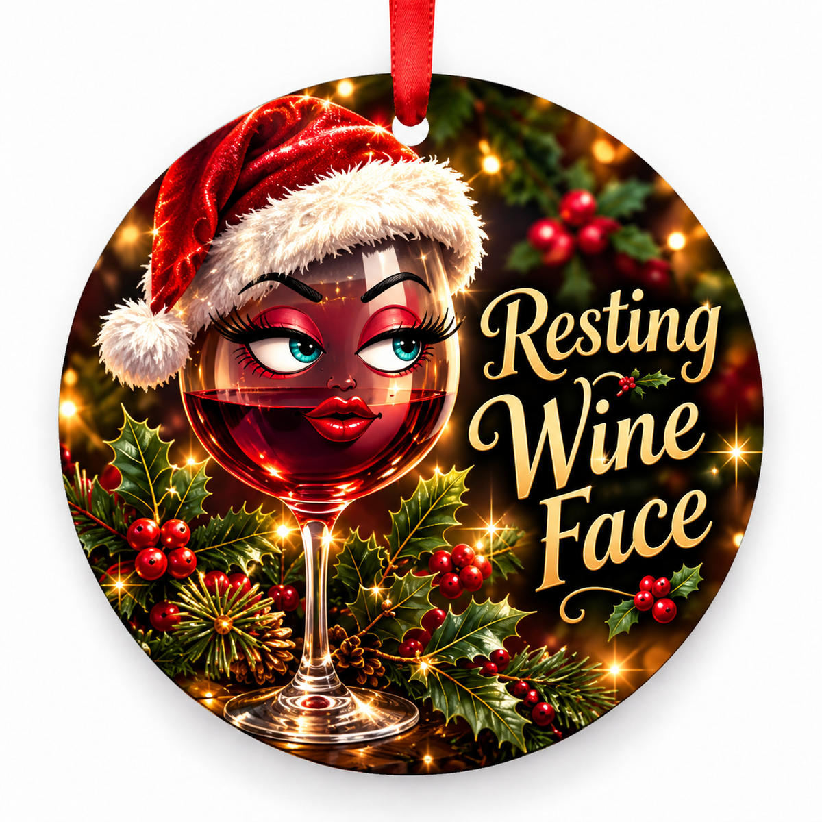 Resting Wine Face Christmas ornament with red hanging ribbon