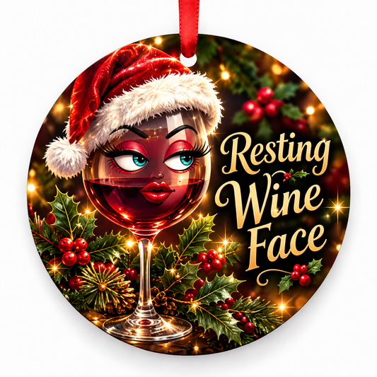 Resting Wine Face Christmas ornament with red hanging ribbon