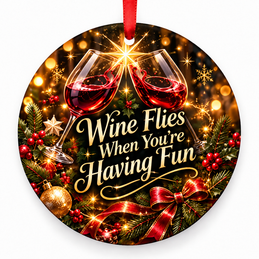 Wine Flies When You’re Having Fun Christmas ornament with red hanging ribbon