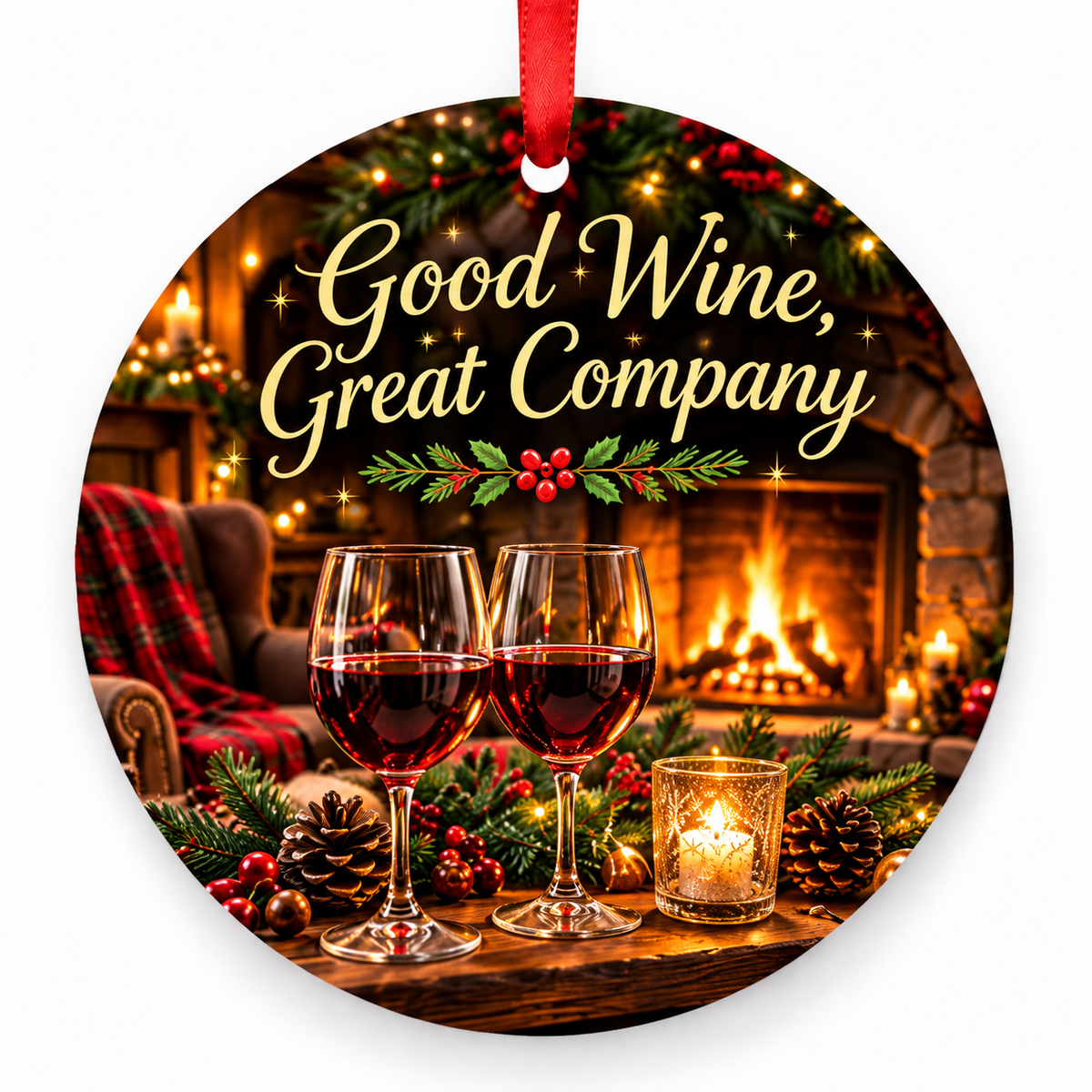 Good Wine, Great Company Christmas ornament with red hanging ribbon