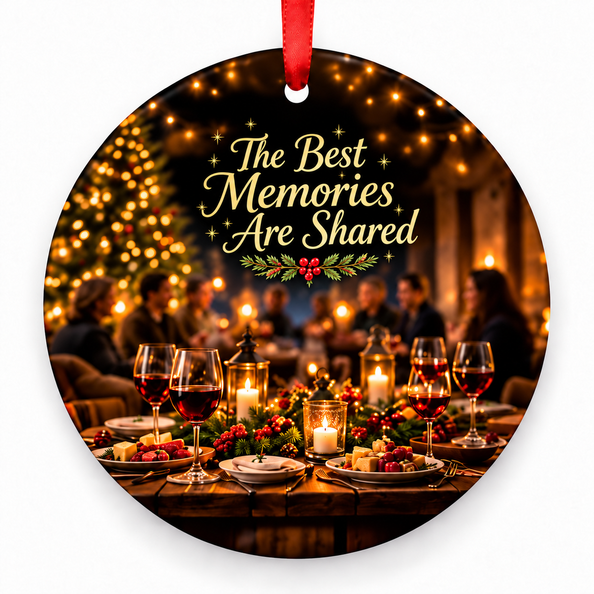 The Best Memories Are Shared Christmas ornament with red hanging ribbon