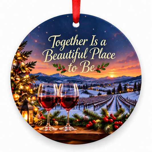 Together Is a Beautiful Place to Be Christmas ornament with red hanging ribbon