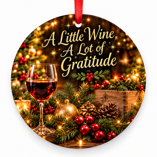 A Little Wine, A Lot of Gratitude Christmas ornament with red hanging ribbon