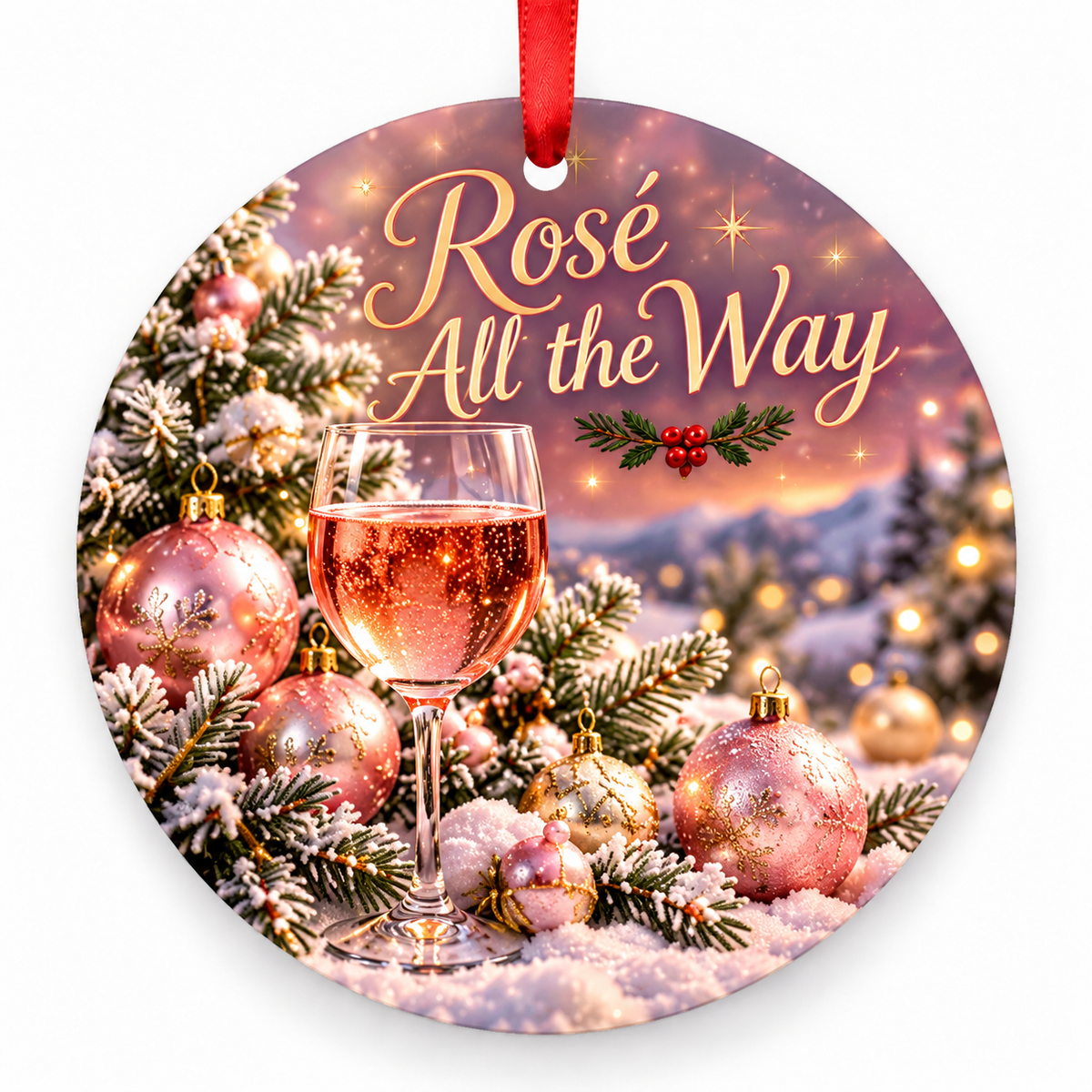 Rosé All the Way Christmas ornament with red hanging ribbon