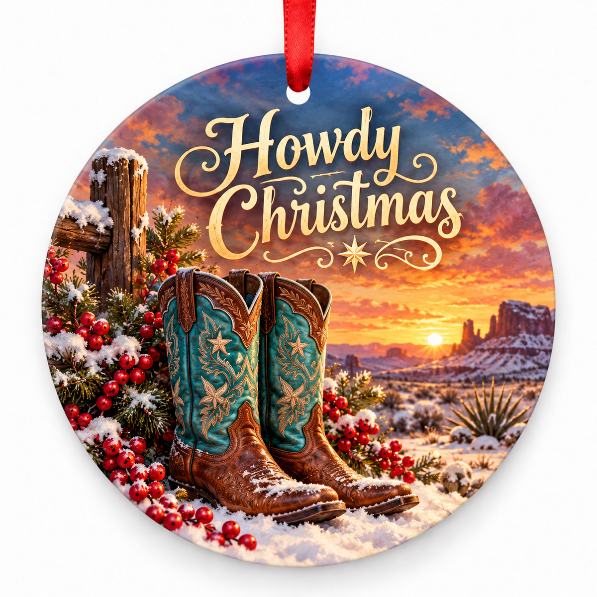 Howdy Christmas round Christmas ornament with red ribbon