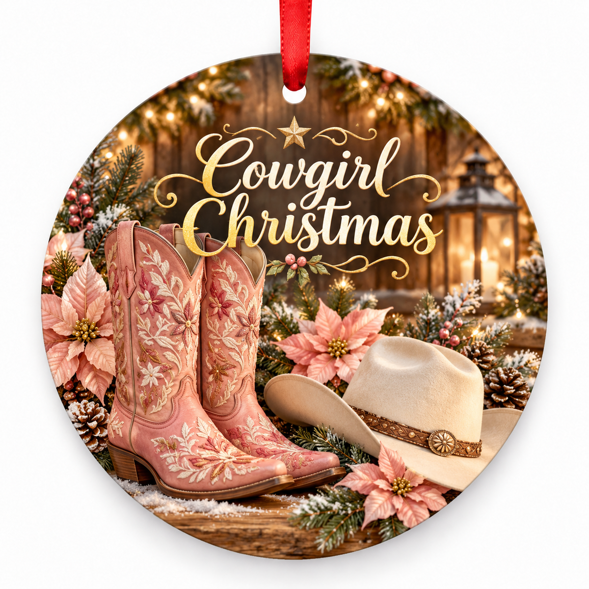 Cowgirl Christmas round Christmas ornament with red ribbon