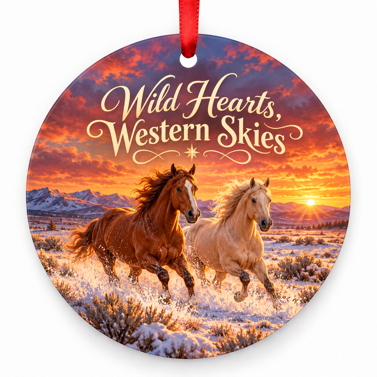 Wild Hearts, Western Skies round Christmas ornament with red ribbon