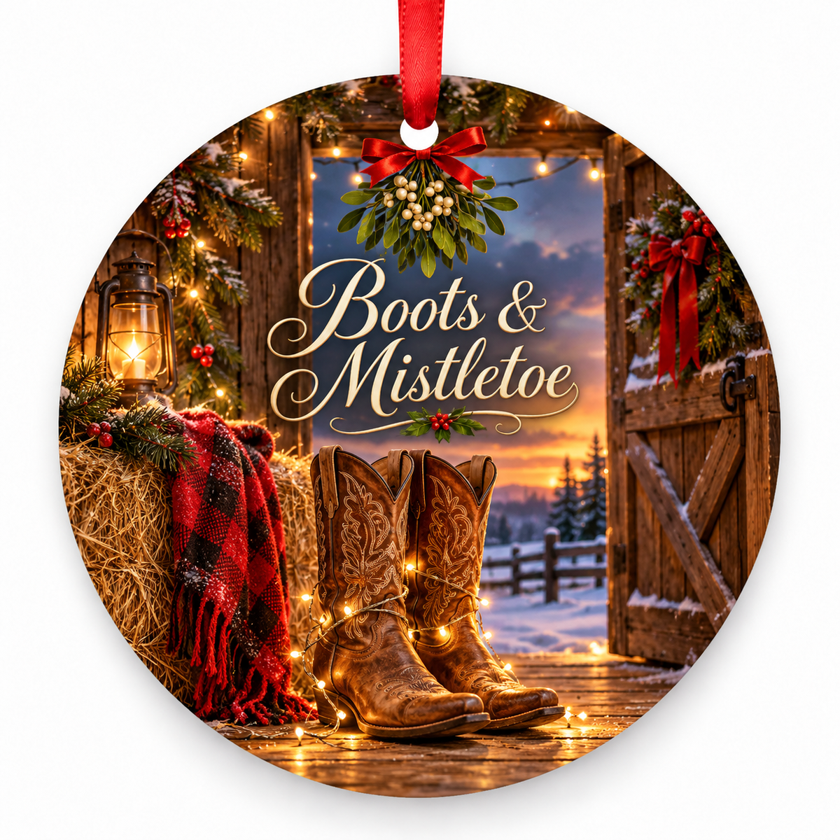 Boots & Mistletoe round Christmas ornament with red ribbon