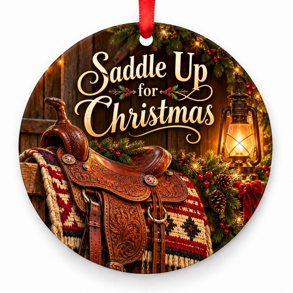 Saddle Up for Christmas round Christmas ornament with red ribbon