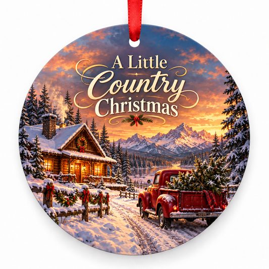 A Little Country Christmas round Christmas ornament with red ribbon