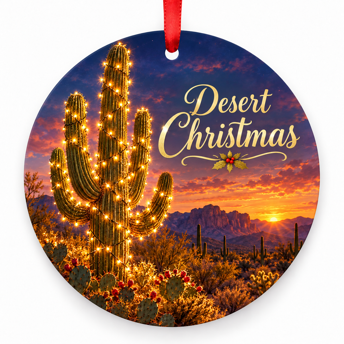 Desert Christmas round Christmas ornament with red ribbon