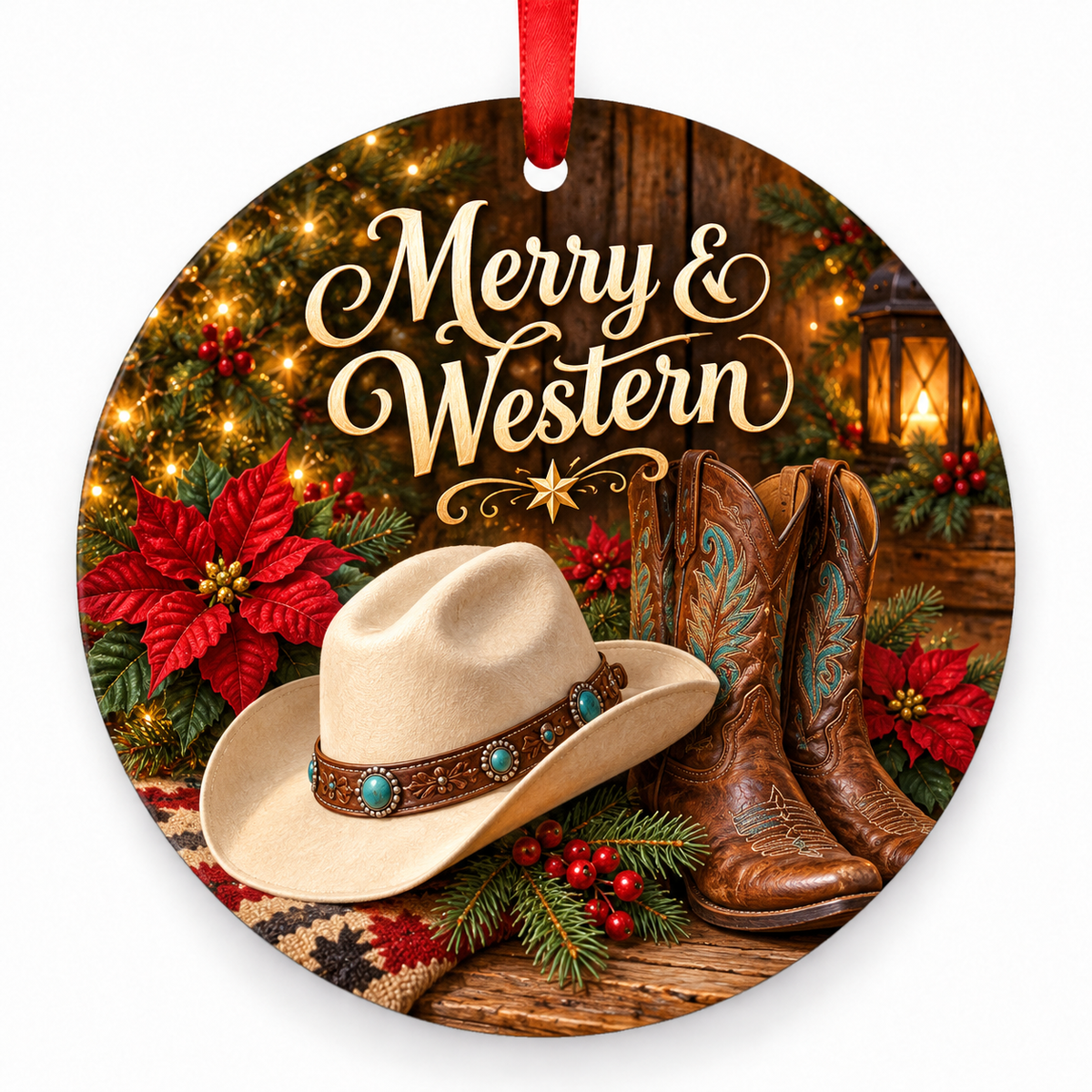 Merry & Western round Christmas ornament with red ribbon