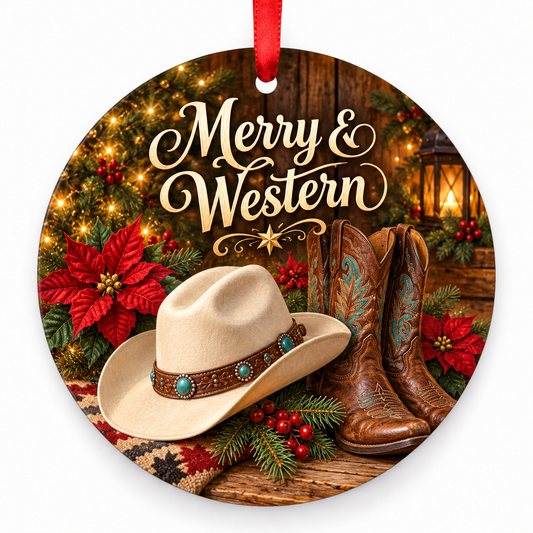 Merry & Western round Christmas ornament with red ribbon