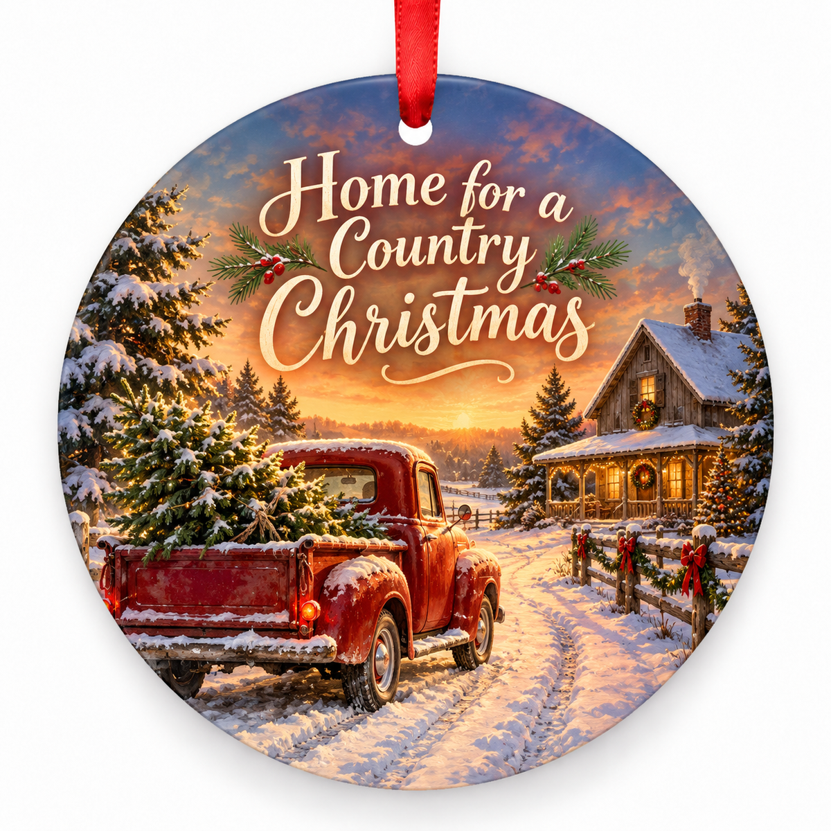 Home for a Country Christmas round Christmas ornament with red ribbon