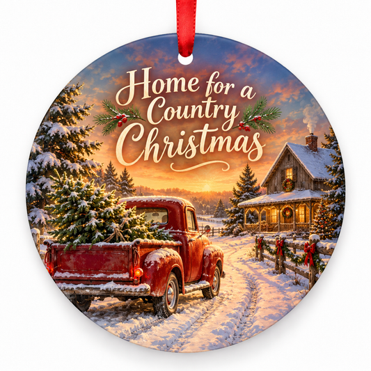 Home for a Country Christmas round Christmas ornament with red ribbon