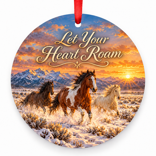 Let Your Heart Roam round Christmas ornament with red ribbon