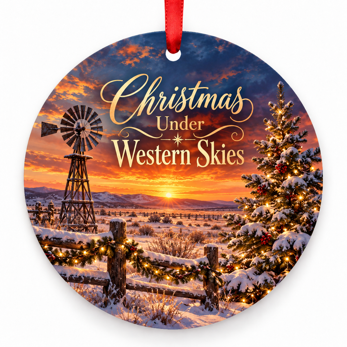 Christmas Under Western Skies round Christmas ornament with red ribbon