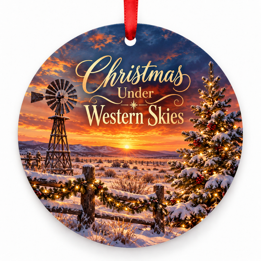 Christmas Under Western Skies round Christmas ornament with red ribbon