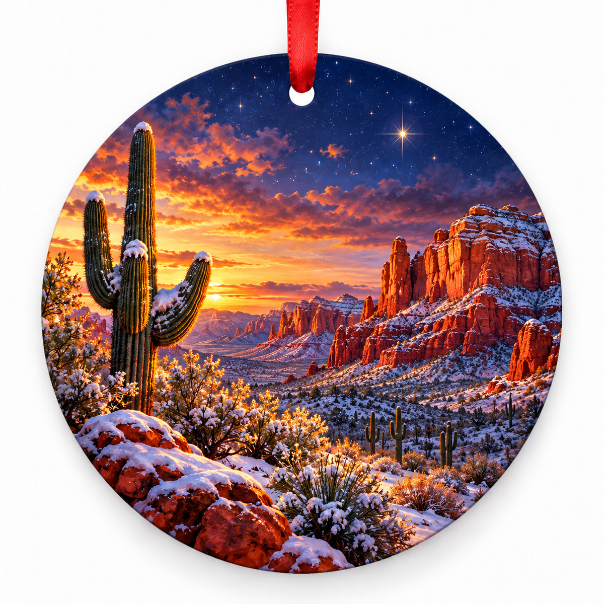 Winter in the West round Christmas ornament with red ribbon
