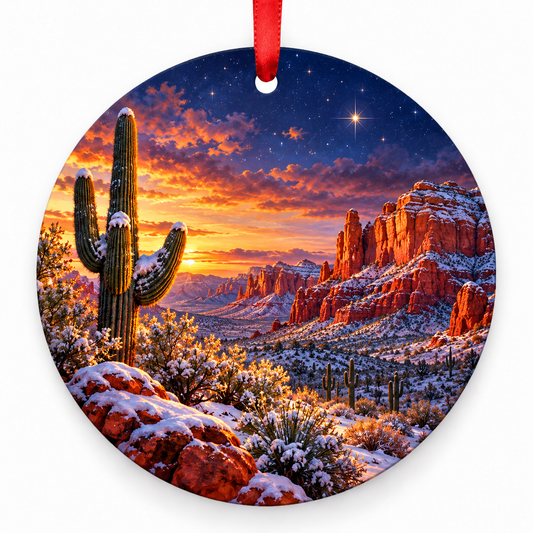 Winter in the West round Christmas ornament with red ribbon