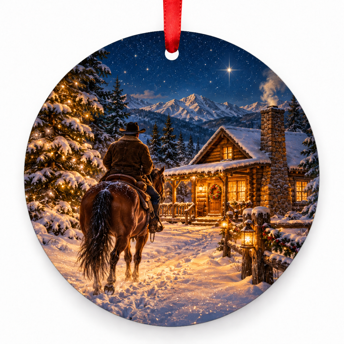 A Cowboy’s Christmas Eve round Christmas ornament with red ribbon