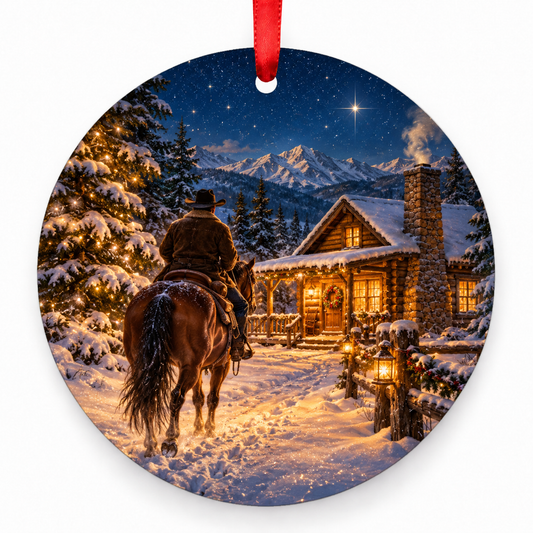 A Cowboy’s Christmas Eve round Christmas ornament with red ribbon