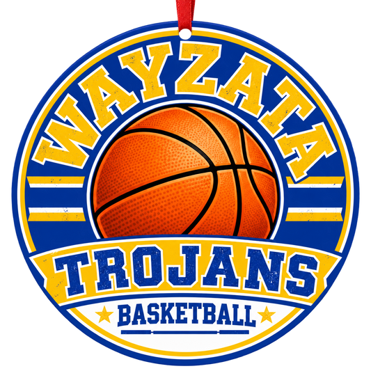 Wayzata High School Trojans Basketball Christmas ornament in royal blue and gold with red hanging ribbon — Plymouth, MN
