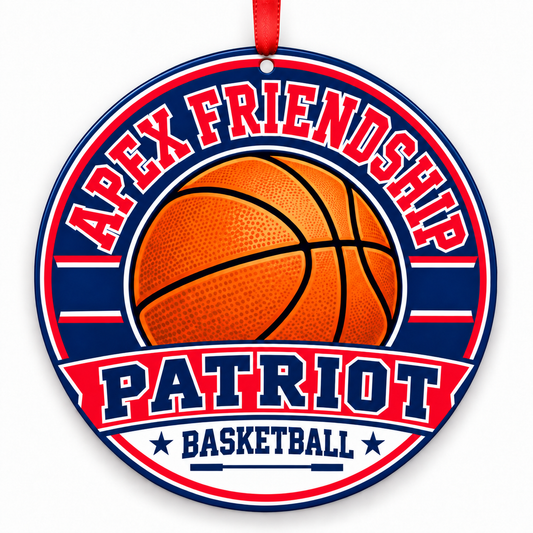 Apex Friendship High School Patriot basketball Christmas ornament in navy and red with red ribbon, Apex, North Carolina