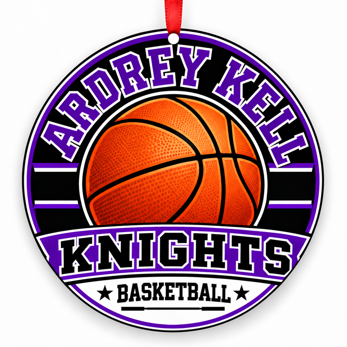Ardrey Kell High School Knights basketball Christmas ornament in purple, white, black with red ribbon, Charlotte, North Carolina