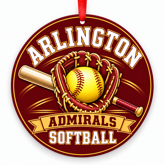 Arlington High School Admirals softball Christmas ornament in maroon and gold with a cropped red ribbon