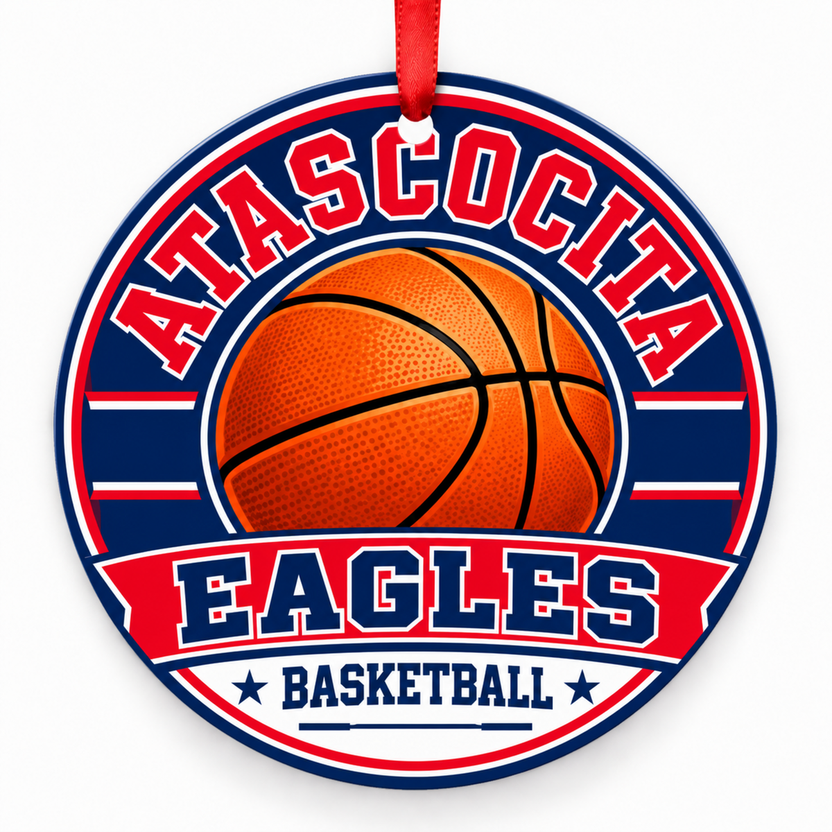 Atascocita High School Eagles basketball Christmas ornament in red, white and blue with red ribbon, Humble, Texas