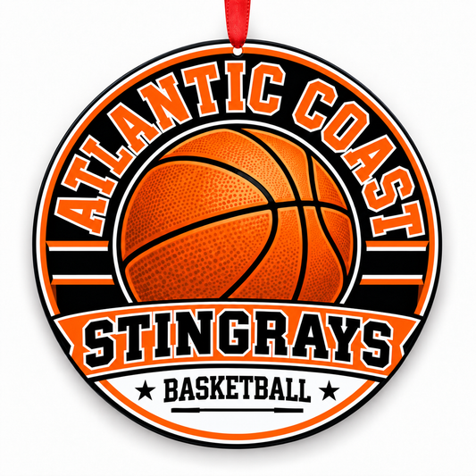 Atlantic Coast High School Stingrays basketball Christmas ornament in orange, black and white with red ribbon, Jacksonville, Florida