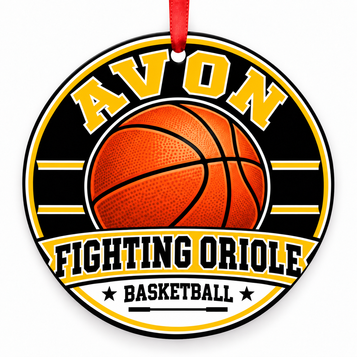 Avon High School basketball Christmas ornament with Fighting Oriole wording in black and gold, red ribbon, Avon, Indiana