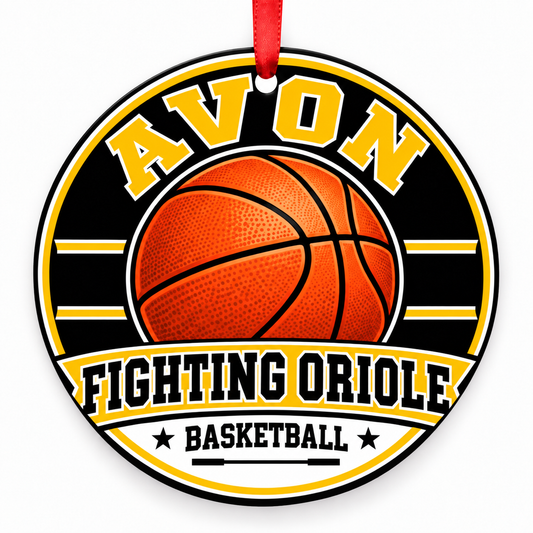 Avon High School basketball Christmas ornament with Fighting Oriole wording in black and gold, red ribbon, Avon, Indiana