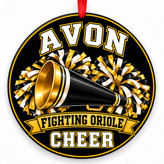 Avon High School Fighting Oriole cheer Christmas ornament — Megaphone and Pom-Poms