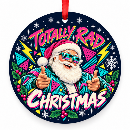 Totally Rad Santa Christmas Ornament – Retro 1980s with red hanging ribbon