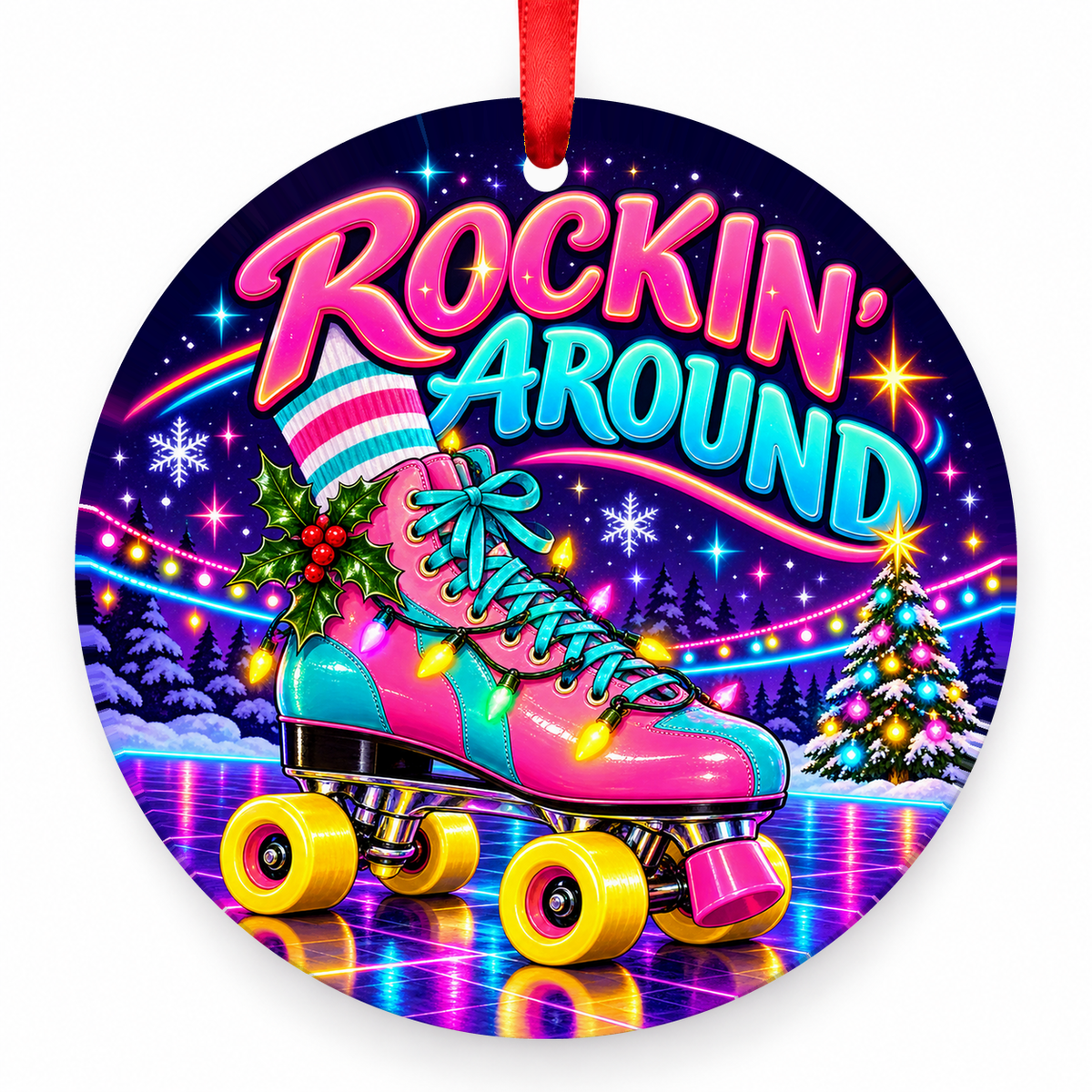Rockin’ Around Roller Skate Christmas Ornament – Retro 1980s with red hanging ribbon