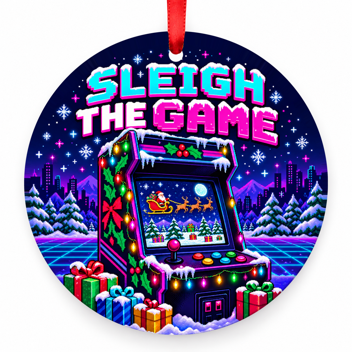 Sleigh the Game Arcade Christmas Ornament – Retro 1980s with red hanging ribbon