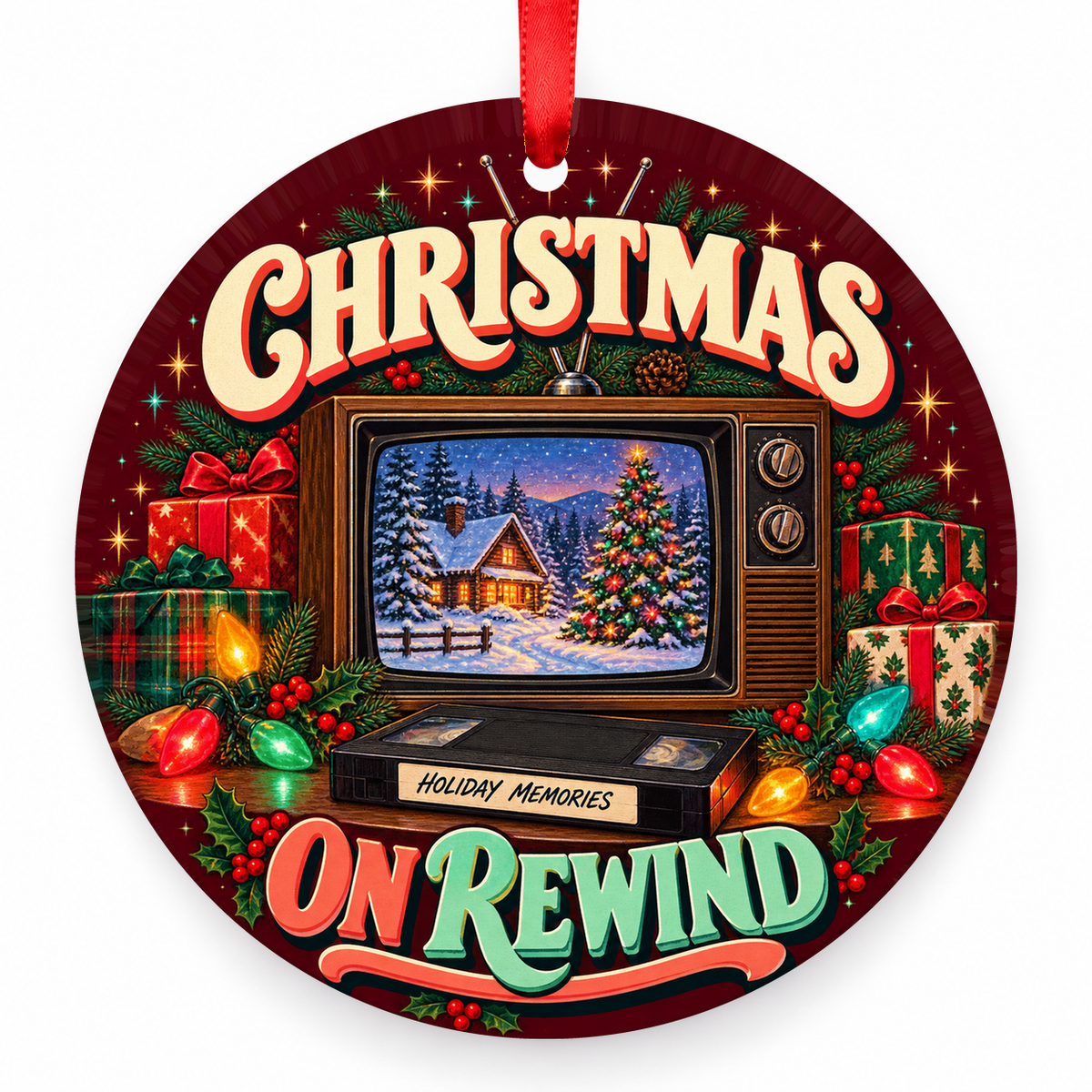 Christmas on Rewind TV & VHS Christmas Ornament – Retro 1980s with red hanging ribbon