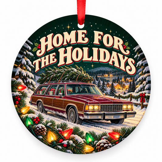 Home for the Holidays Station Wagon Christmas Ornament with red hanging ribbon