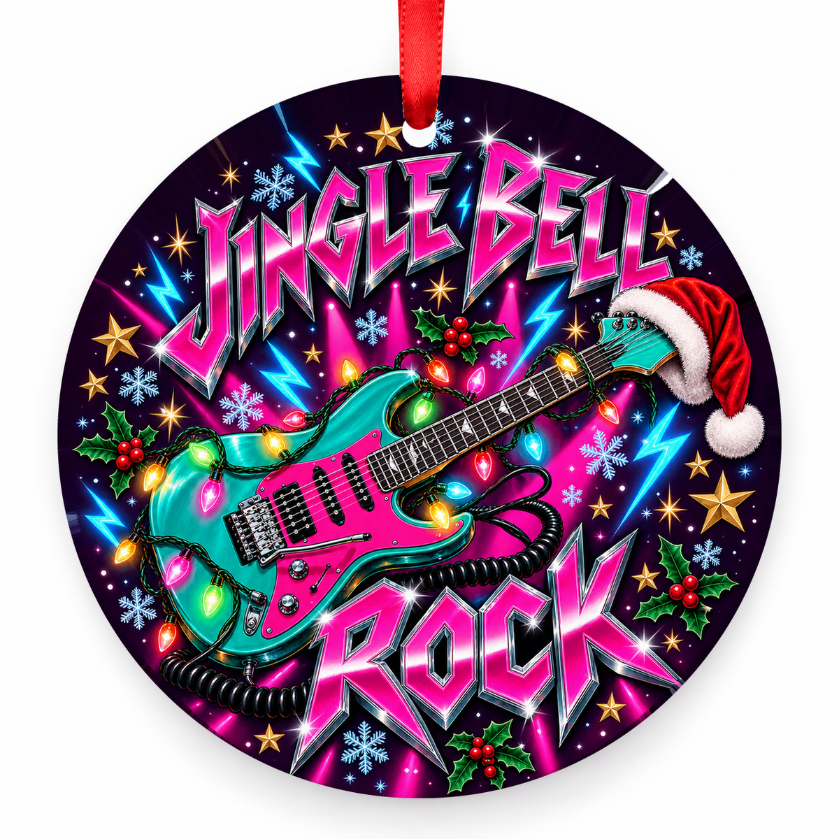Jingle Bell Rock Electric Guitar Christmas Ornament – Retro 1980s with red hanging ribbon