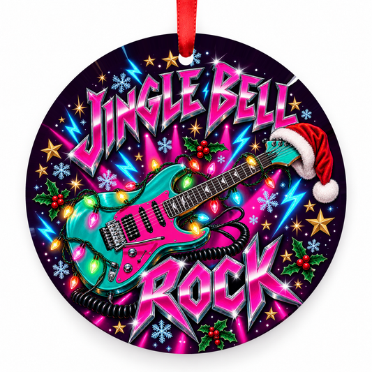Jingle Bell Rock Electric Guitar Christmas Ornament – Retro 1980s with red hanging ribbon