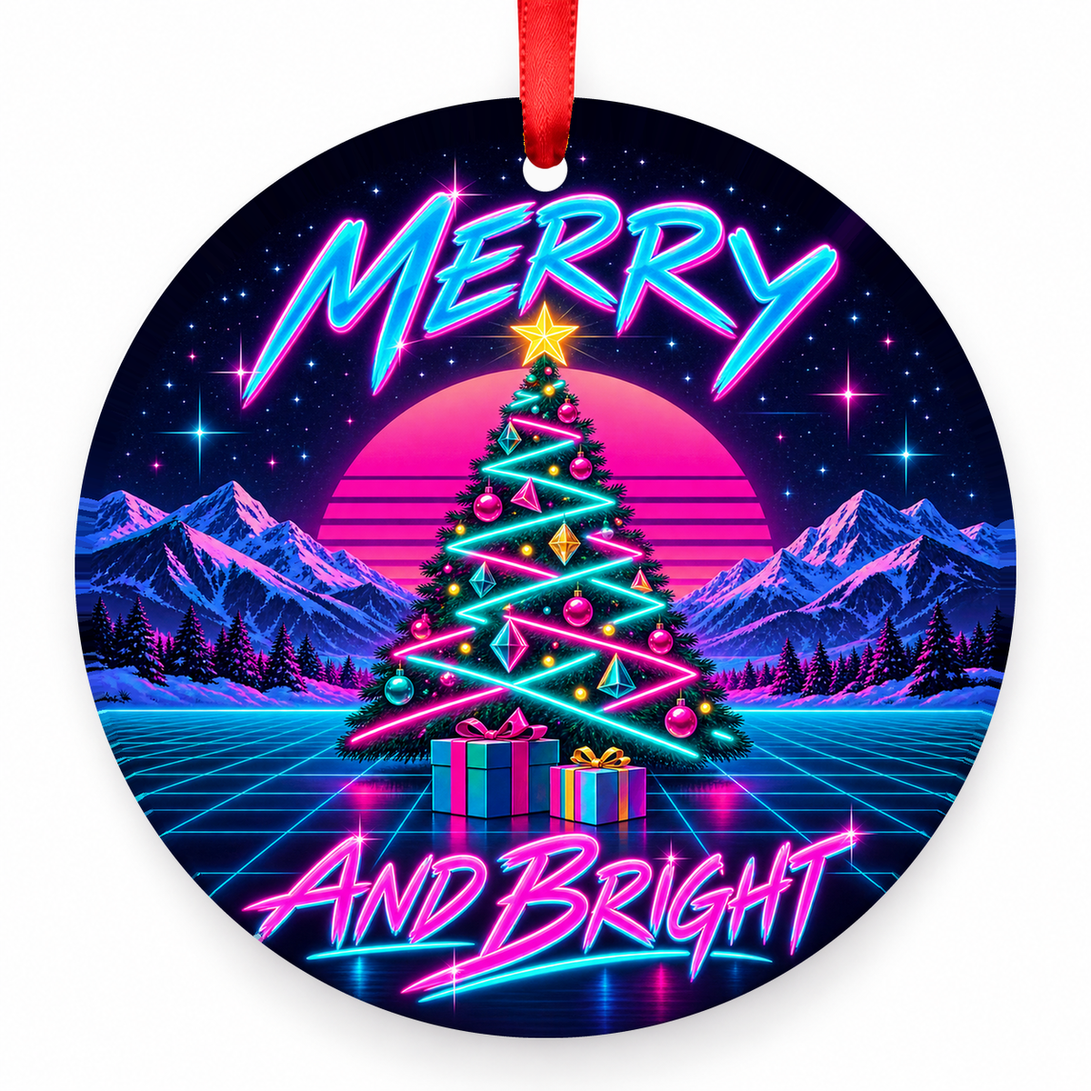 Merry and Bright Neon Tree Christmas Ornament – Retro 1980s with red hanging ribbon
