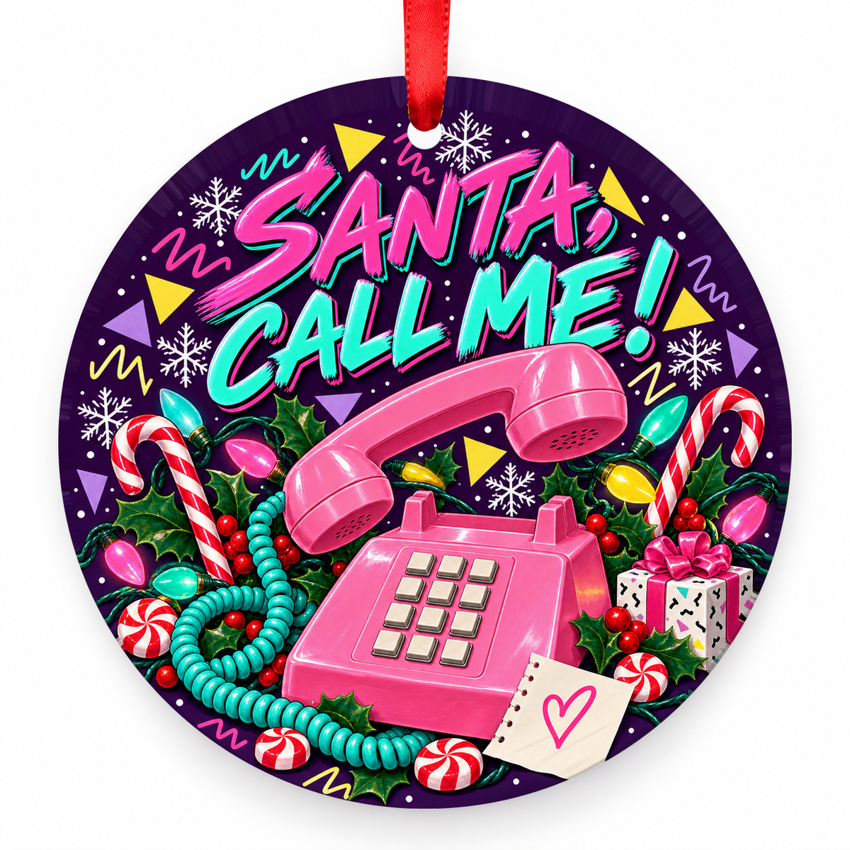 Santa, Call Me! Pink Telephone Christmas Ornament – Retro 1980s with red hanging ribbon