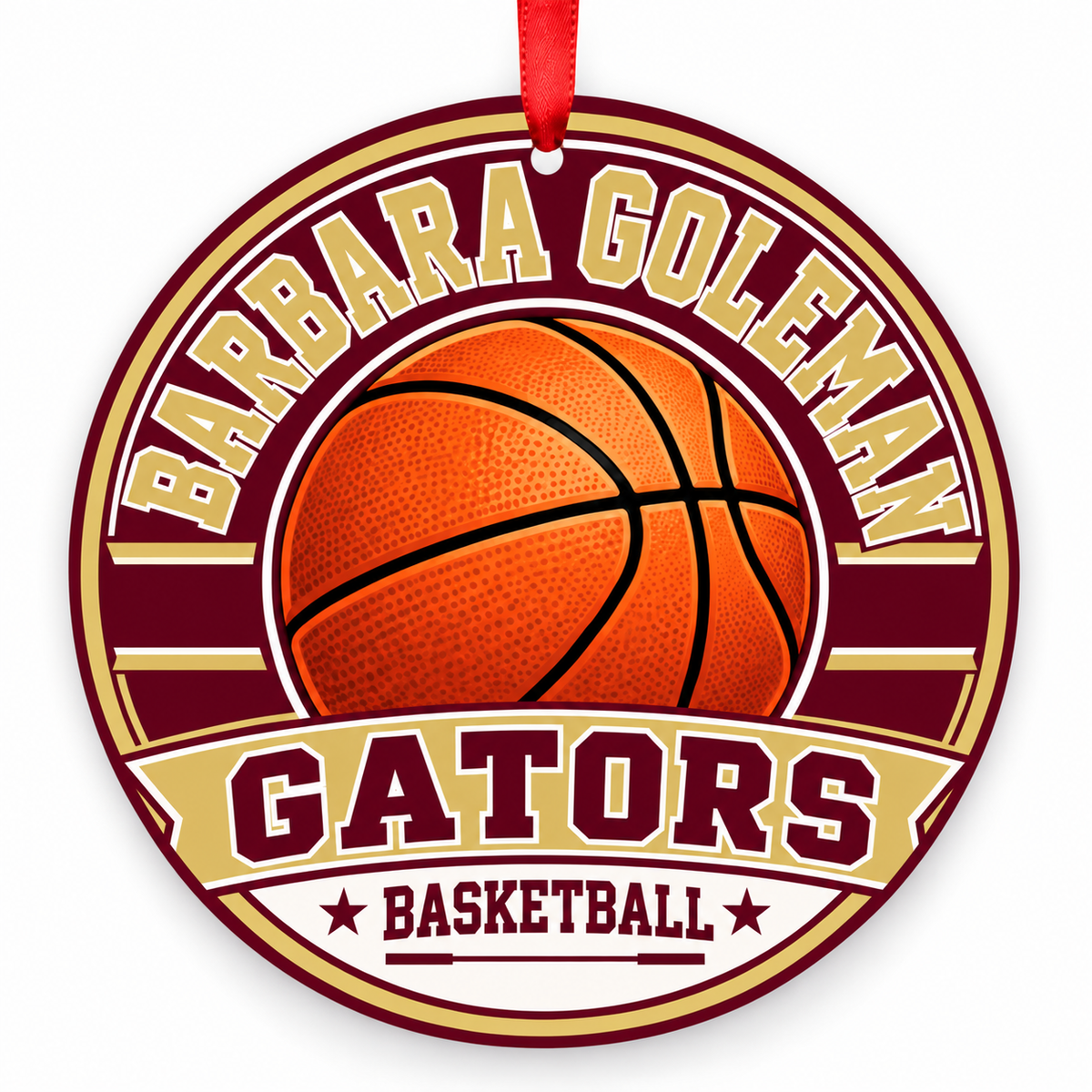 Barbara Goleman Senior High School Gators basketball Christmas ornament in burgundy and Las Vegas gold with red ribbon, Miami Lakes, Florida
