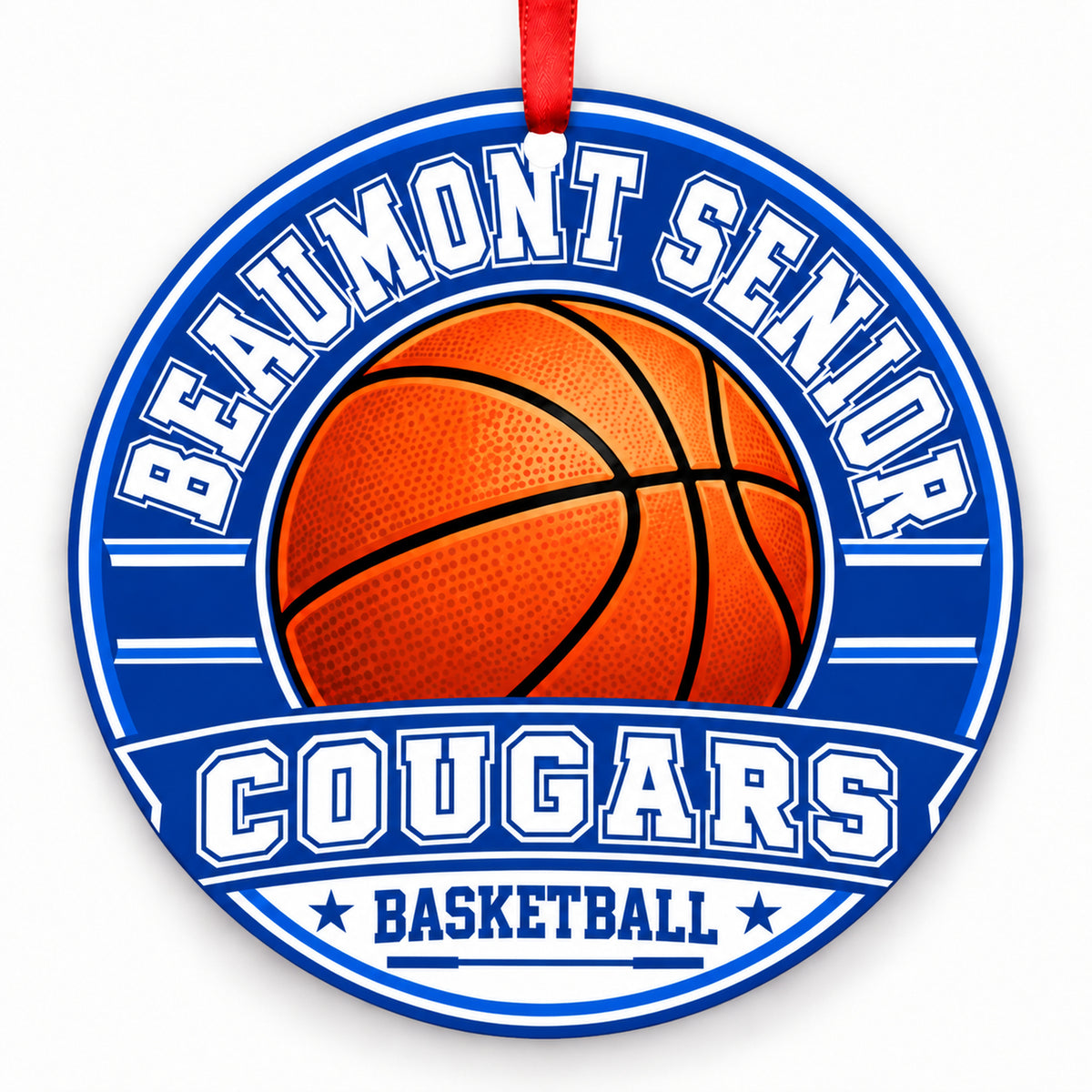 Beaumont Senior High Cougars basketball Christmas ornament in blue and white with red ribbon, Beaumont, California