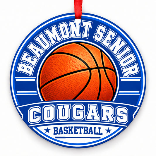 Beaumont Senior High Cougars basketball Christmas ornament in blue and white with red ribbon, Beaumont, California