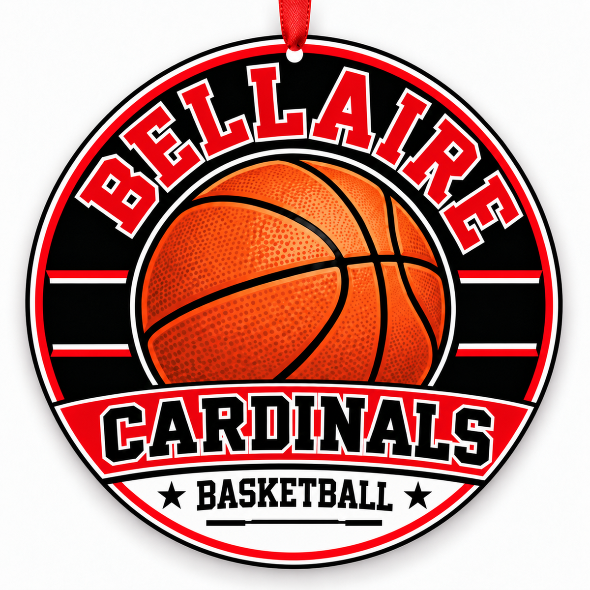 Bellaire High School Cardinals basketball Christmas ornament in red, white with red ribbon, Bellaire, Texas