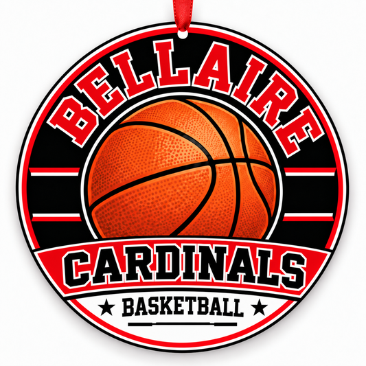 Bellaire High School Cardinals basketball Christmas ornament in red, white with red ribbon, Bellaire, Texas